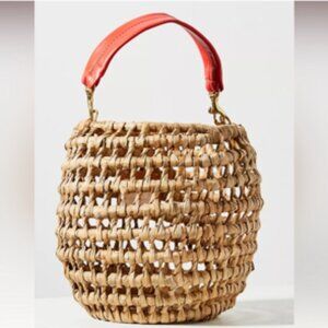 Clare V Pot De Miel Straw Bucket Bag with Tomatoe Red Leather Handle